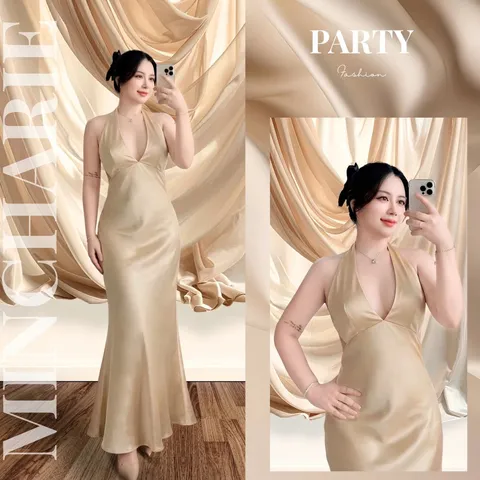 홀터 딥 플런지 파티 실크 드레스