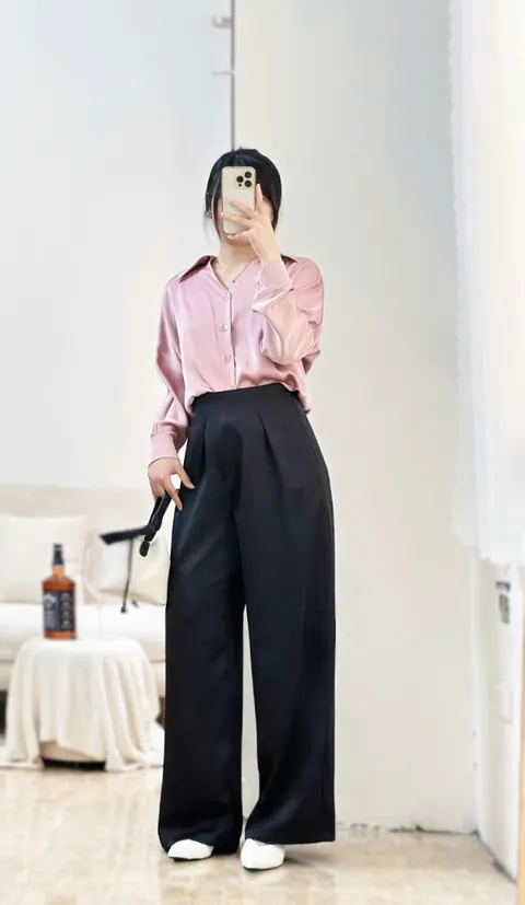 하이웨이스트 플리츠 실크 와이드 팬츠